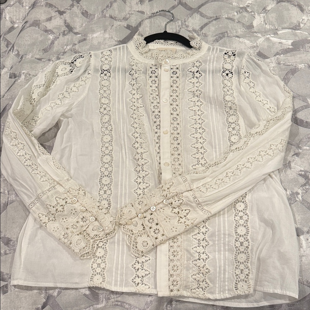 Sezane Ivory Lace-Trim Button Front Blouse